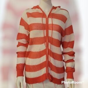 Vtg QUACKER FACTORY Coral Stripe Peekaboo Zipper Hoodie Festival Cover-up
